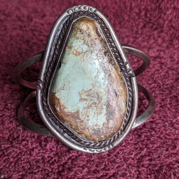 Vintage 1960's Navajo Silver Turquoise Cuff Bracelet - Picture 1 of 8